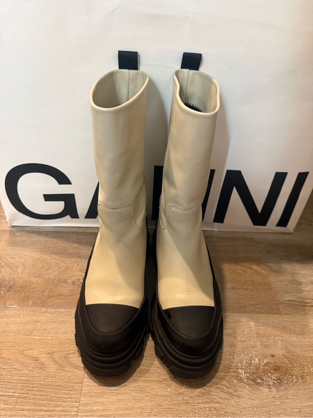 Ganni Cream and Black Lug Sole Lace-Up Boots